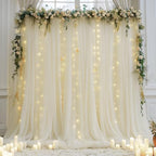 10ft x 10ft Ivory Backdrop Curtain with Lights String for Parties, Sheer Tulle Wedding Photo Backdrops Drapes
