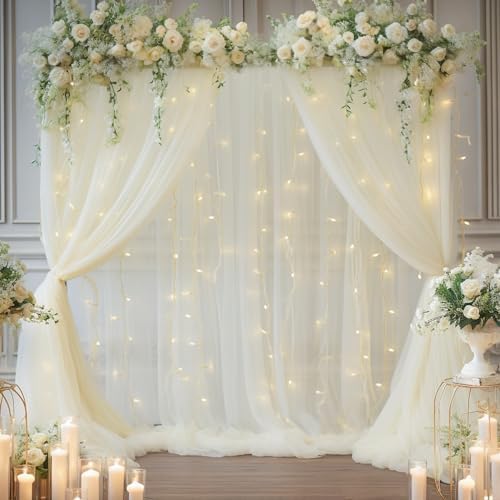 10ft x 10ft Ivory Backdrop Curtain with Lights String for Parties, Sheer Tulle Wedding Photo Backdrops Drapes, alternate view
