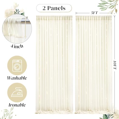 10ft x 10ft Ivory Backdrop Curtain with Lights String for Parties, Sheer Tulle Wedding Photo Backdrops Drapes, alternate view