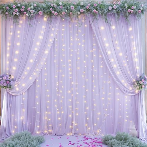 10ft x 10ft Lavender Chiffon Backdrop Curtain with Lights String for Parites Wedding Wrinkle Free Curtain Photo