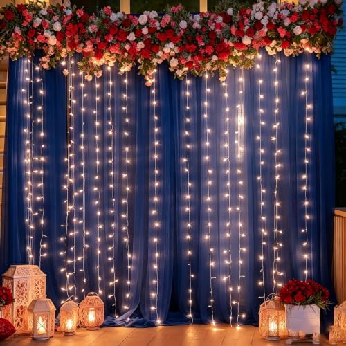10ft x 10ft Navy Blue Backdrop Curtain with Lights String for Parties, Sheer Tulle Wedding Photo Backdrops