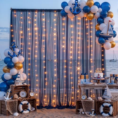 10ft x 10ft Navy Blue Backdrop Curtain with Lights String for Parties, Sheer Tulle Wedding Photo Backdrops, alternate view 5