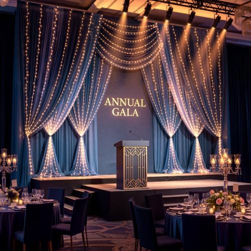 10ft x 10ft Navy Blue Backdrop Curtain with Lights String for Parties, Sheer Tulle Wedding Photo Backdrops, alternate view 7