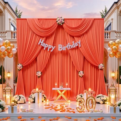 10ft x 10ft Orange Backdrop Drapes for Wedding Parties, 2 Panels Wrinkle-Free Polyester Fabric Background, alternate view 2