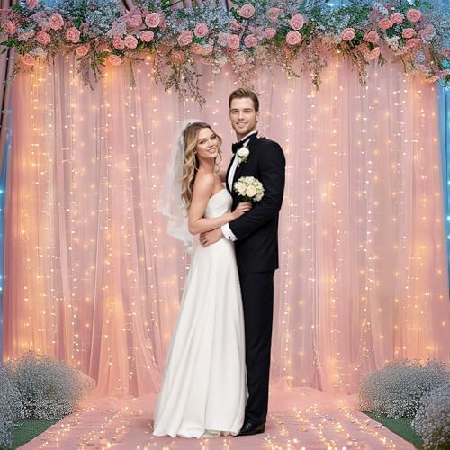10ft x 10ft Peach Backdrop Curtain Panels with Lights String for Parties, Sheer Tulle Wedding Photo Backdrops, alternate view