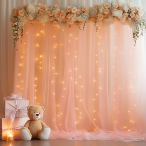 10ft x 10ft Peach Backdrop Curtain Panels with Lights String for Parties, Sheer Tulle Wedding Photo Backdrops, alternate view