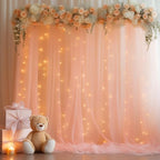 10ft x 10ft Peach Backdrop Curtain Panels with Lights String for Parties, Sheer Tulle Wedding Photo Backdrops, alternate view