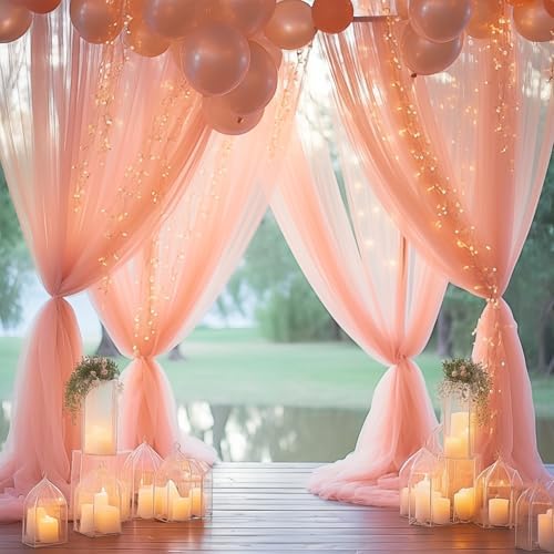 10ft x 10ft Peach Backdrop Curtain Panels with Lights String for Parties, Sheer Tulle Wedding Photo Backdrops, alternate view