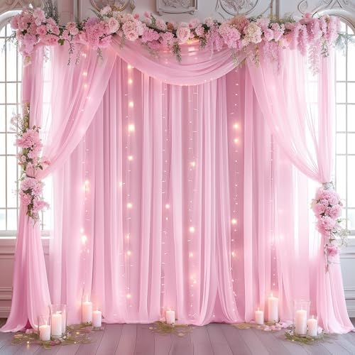 10ft x 10ft Pink Backdrop Curtain with Lights String for Parties, Sheer Tulle Wedding Photo Backdrops Drapes for, alternate