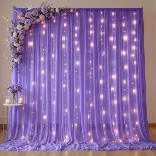 10ft x 10ft Purple Chiffon Backdrop Curtain with Lights String for Parties,2 Panels Sheer Tulle Curtain Wedding