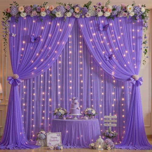 10ft x 10ft Purple Chiffon Backdrop Curtain with Lights String for Parties,2 Panels Sheer Tulle Curtain Wedding, alternate