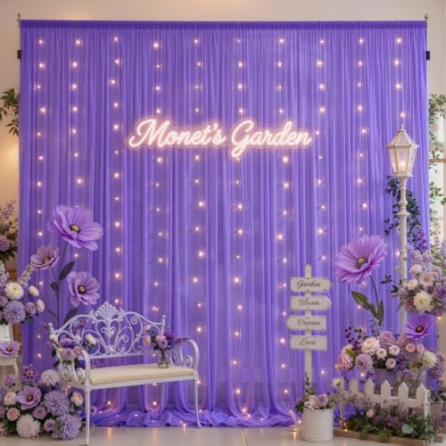 10ft x 10ft Purple Chiffon Backdrop Curtain with Lights String for Parties,2 Panels Sheer Tulle Curtain Wedding, alternate