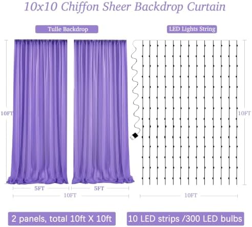 10ft x 10ft Purple Chiffon Backdrop Curtain with Lights String for Parties,2 Panels Sheer Tulle Curtain Wedding, alternate