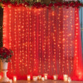 10ft x 10ft Red Backdrop Curtain with Lights String for Parties, Sheer Tulle Wedding Photo Backdrops Drapes for