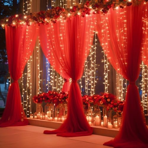 10ft x 10ft Red Backdrop Curtain with Lights String for Parties, Sheer Tulle Wedding Photo Backdrops Drapes for, alternate