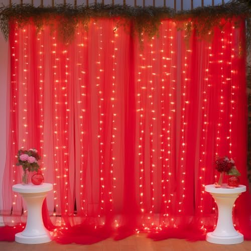 10ft x 10ft Red Backdrop Curtain with Lights String for Parties, Sheer Tulle Wedding Photo Backdrops Drapes for, alternate