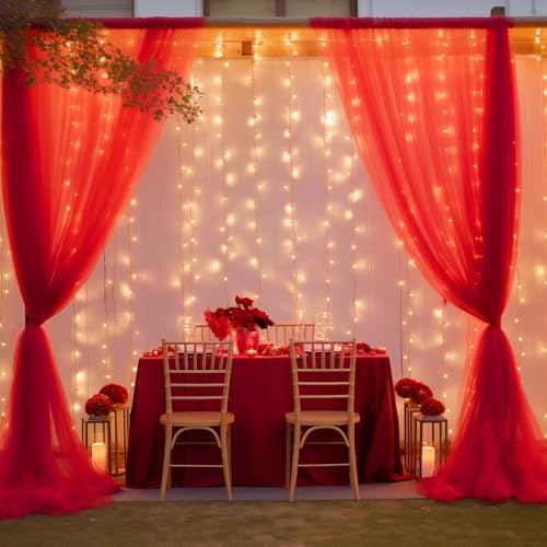 10ft x 10ft Red Backdrop Curtain with Lights String for Parties, Sheer Tulle Wedding Photo Backdrops Drapes for, alternate