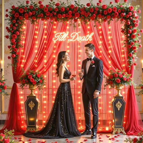 10ft x 10ft Red Tulle Photo Backdrop Curtain with Lights String for Christmas Party Red Sheer Curtain Backdrop, alternate