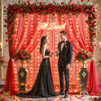 10ft x 10ft Red Tulle Photo Backdrop Curtain with Lights String for Christmas Party Red Sheer Curtain Backdrop, alternate