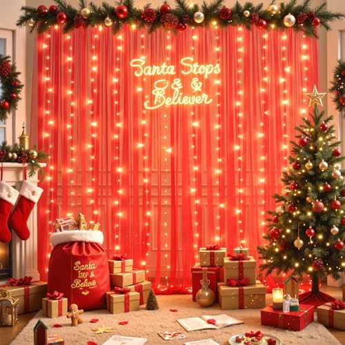 10ft x 10ft Red Tulle Photo Backdrop Curtain with Lights String for Christmas Party Red Sheer Curtain Backdrop, alternate