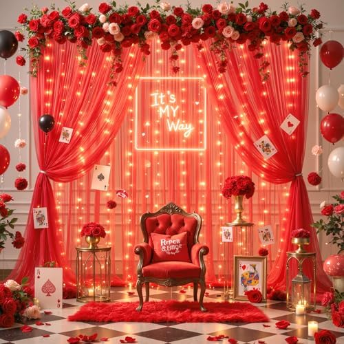 10ft x 10ft Red Tulle Photo Backdrop Curtain with Lights String for Christmas Party Red Sheer Curtain Backdrop, alternate