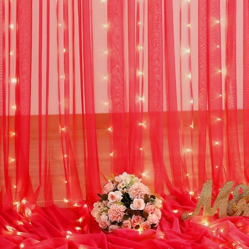 10ft x 10ft Red Tulle Photo Backdrop Curtain with Lights String for Christmas Party Red Sheer Curtain Backdrop, alternate