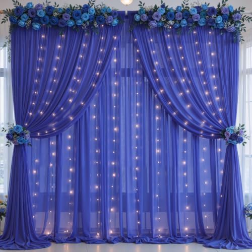 10ft x 10ft Royal Blue Chiffon Backdrop Curtain with Lights String for Parites Wedding Wrinkle Free Curtain