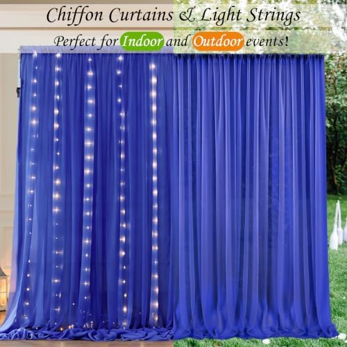 10ft x 10ft Royal Blue Chiffon Backdrop Curtain with Lights String for Parites Wedding Wrinkle Free Curtain, alternate view 6