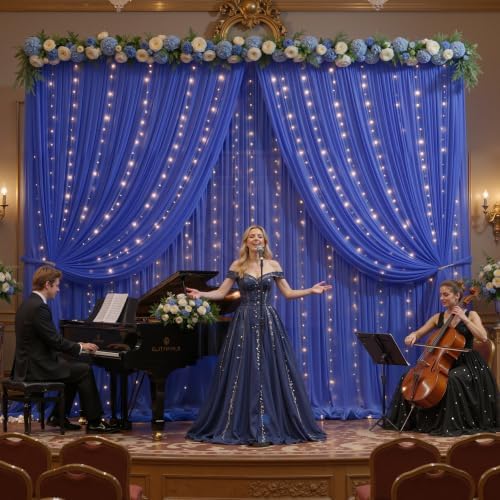 10ft x 10ft Royal Blue Chiffon Backdrop Curtain with Lights String for Parites Wedding Wrinkle Free Curtain, alternate view 7