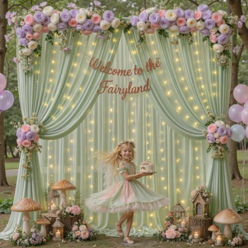 10ft x 10ft Sage Green Chiffon Backdrop Curtain with Lights String for Parties,2 Panels Sheer Tulle Curtain, alternate view 2