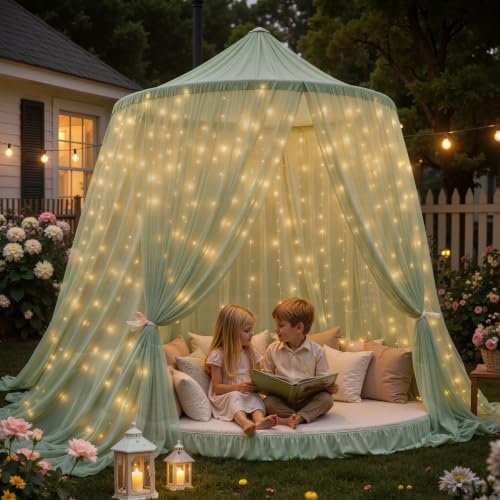 10ft x 10ft Sage Green Chiffon Backdrop Curtain with Lights String for Parties,2 Panels Sheer Tulle Curtain, alternate view 5