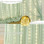 10ft x 10ft Sage Green Chiffon Backdrop Curtain with Lights String for Parties,2 Panels Sheer Tulle Curtain, alternate view 6