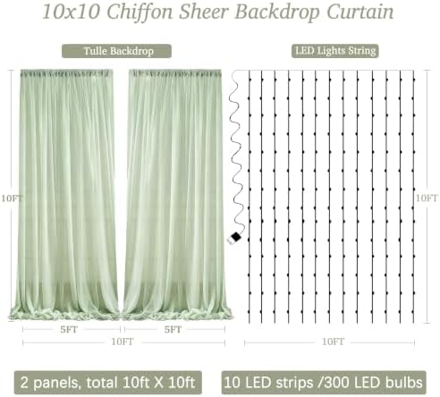10ft x 10ft Sage Green Chiffon Backdrop Curtain with Lights String for Parties,2 Panels Sheer Tulle Curtain, alternate view 7