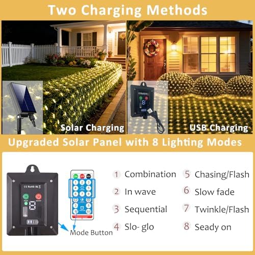 10ft x 10ft Solar Net Lights, 280LED Gazebo Mesh Lights Solar & USB Powered, Waterproof Netting Lights 8 Modes, alternate