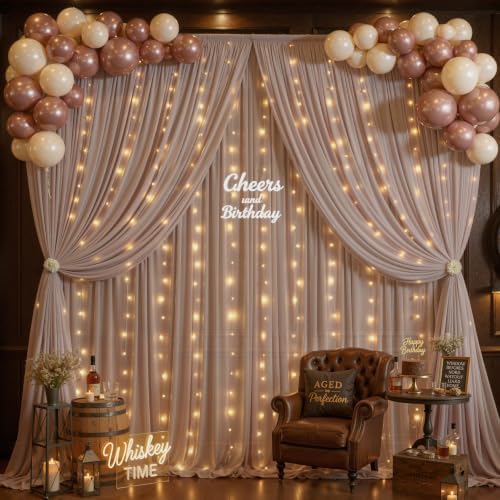 10ft x 10ft Taupe Chiffon Backdrop Curtain with Lights String for Parties,2 Panels Sheer Tulle Curtain Wedding, alternate