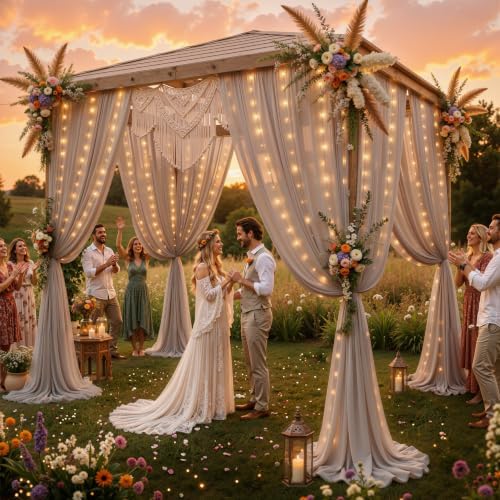 10ft x 10ft Taupe Chiffon Backdrop Curtain with Lights String for Parties,2 Panels Sheer Tulle Curtain Wedding, alternate