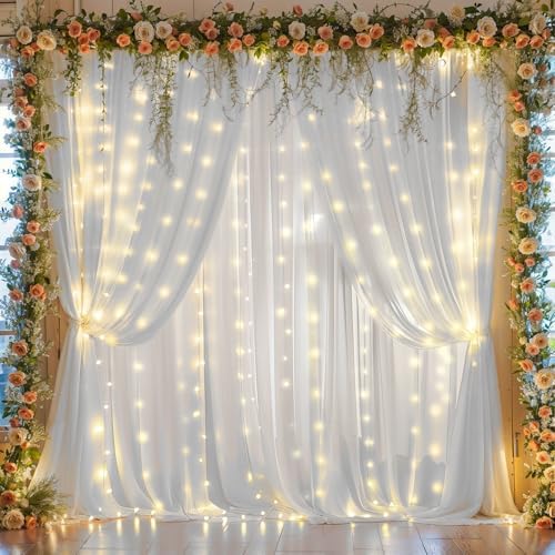 10ft x 10ft White Chiffon Backdrop Curtain with Lights String for Parites Wedding Wrinkle Free Curtain Photo