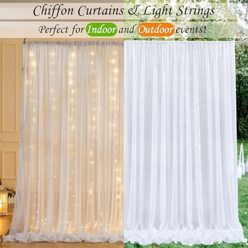 10ft x 10ft White Chiffon Backdrop Curtain with Lights String for Parites Wedding Wrinkle Free Curtain Photo, alternate view