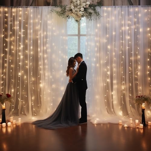 10ft x 10ft White Chiffon Backdrop Curtain with Lights String for Parites Wedding Wrinkle Free Curtain Photo, alternate view