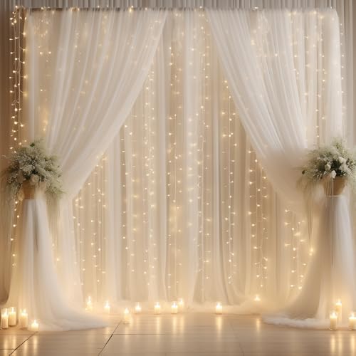 10ft x 10ft White Chiffon Backdrop Curtain with Lights String for Parites Wedding Wrinkle Free Curtain Photo, alternate view