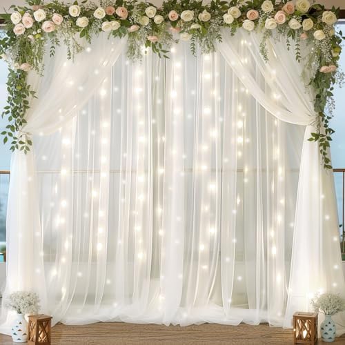 10ft x 10ft White Chiffon Backdrop Curtain with Lights String for Parties,2 Panels Sheer Tulle Curtain Wedding