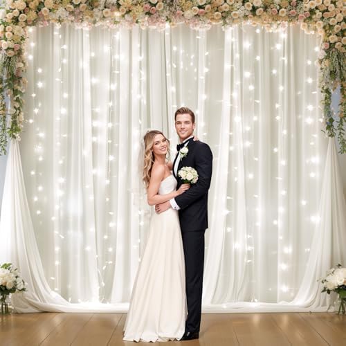 10ft x 10ft White Chiffon Backdrop Curtain with Lights String for Parties,2 Panels Sheer Tulle Curtain Wedding, alternate