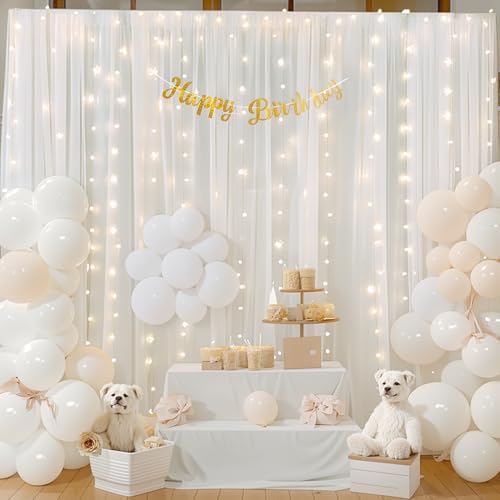 10ft x 10ft White Chiffon Backdrop Curtain with Lights String for Parties,2 Panels Sheer Tulle Curtain Wedding, alternate