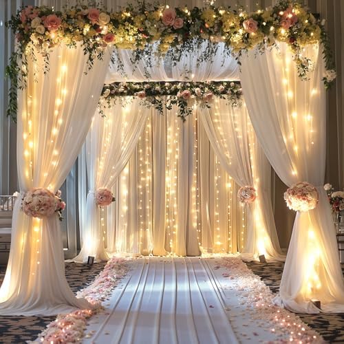 10ft x 10ft White Chiffon Backdrop Curtain with Lights String for Parties,2 Panels Sheer Tulle Curtain Wedding, alternate