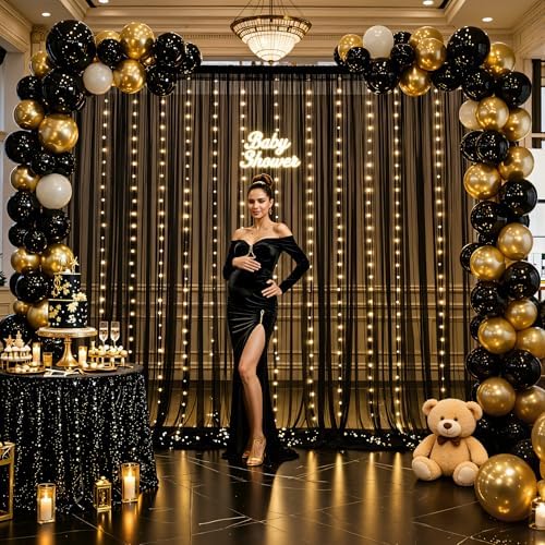 10ft x 12ft Black Tulle Photo Backdrop Curtain with Lights String for Parties Sheer Black Curtain Backdrop for, alternate