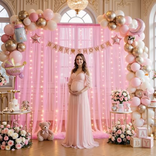 10ft x 12ft Pink Tulle Photo Backdrop Curtain with Lights String for Parties Wedding Sheer Baby Pink Curtain
