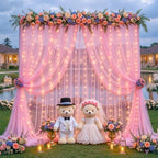 10ft x 12ft Pink Tulle Photo Backdrop Curtain with Lights String for Parties Wedding Sheer Baby Pink Curtain, alternate view