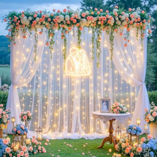 10ft x 12ft White Tulle Backdrop Curtain with Lights String for Parties Wedding Bridal Shower Sheer White