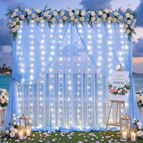 10ft x 15ft Baby Blue Tulle Photo Backdrop Curtain with Lights String for Parties Wedding Sheer Light Blue, alternate view 2