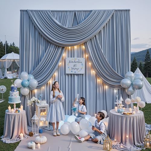 10ft x 15ft Dusty Blue Backdrop Curtains for Wedding Parties, 2 Panels Extra Long Wrinkle Free Fabric Drapes, alternate view